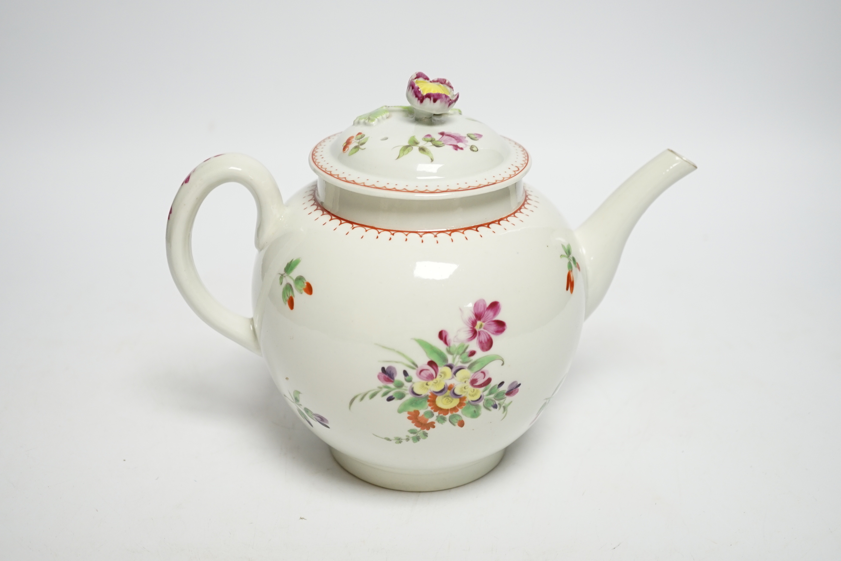 A Worcester globular teapot c. 1780, hand painted with flowers, 21cm wide
